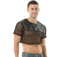 Tops cortos sexys para hombre Lencería de malla de cuero PU Mini chaleco Manga corta Muscle Clubwear Sujetadores Traje erótico Cuello en O - details 5