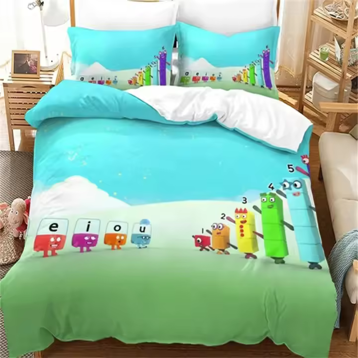 Funda nórdica Juego de cama con bloques de números de dibujos animados, edredón tamaño King Queen para niños y adultos - 1