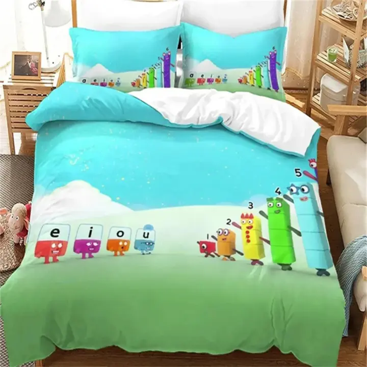 Funda nórdica Juego de cama con bloques de números de dibujos animados, edredón tamaño King Queen para niños y adultos - 1