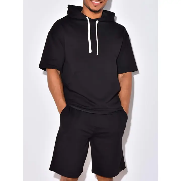 Conjunto de sudadera con capucha de 2 piezas de Color sólido, conjunto de sudadera y pantalones cortos de manga corta informal para hombre para uso diario en primavera y verano - 1