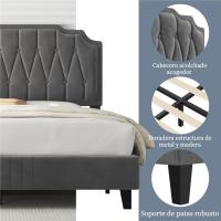 Marco de cama con cabecera tapizada, altura ajustable, soporte de láminas de madera y patas metálicas, color gris oscuro. - details 7
