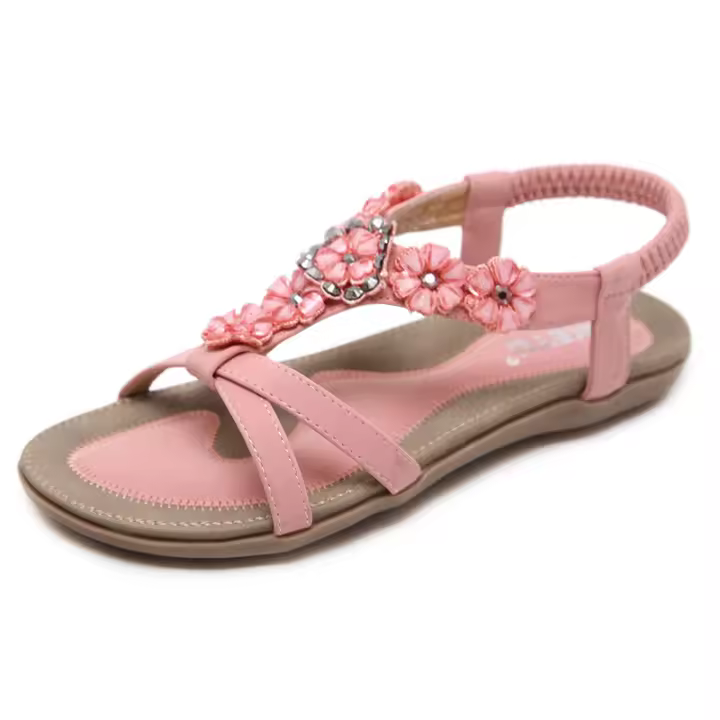 Verano 2025 Dulce, Sandalias Flores Bohemias Para Mujer Diamante De Imitación Tallas Grandes Pisos Zapatos De Playa - 1