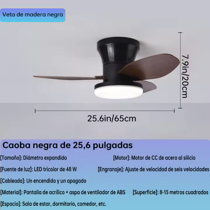 Ventilador de techo compacto y silencioso de 65 cm (25,6") / 88 cm (34,6") con luz y control remoto, 3 modos de luz LED y 6 velocidades. - 1