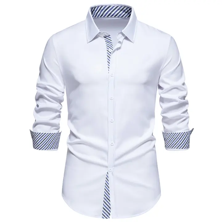 Camisa de Hombre con Bloques de Color a Rayas para Primavera Camisa de Manga Larga para Negocios Casual Blusa Social para Fiesta en Oficina Material Exterior de Poliéster - 1