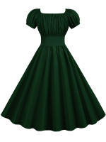 Summer women puff sleeve casual vintage party solid elegant midi dress - details 15