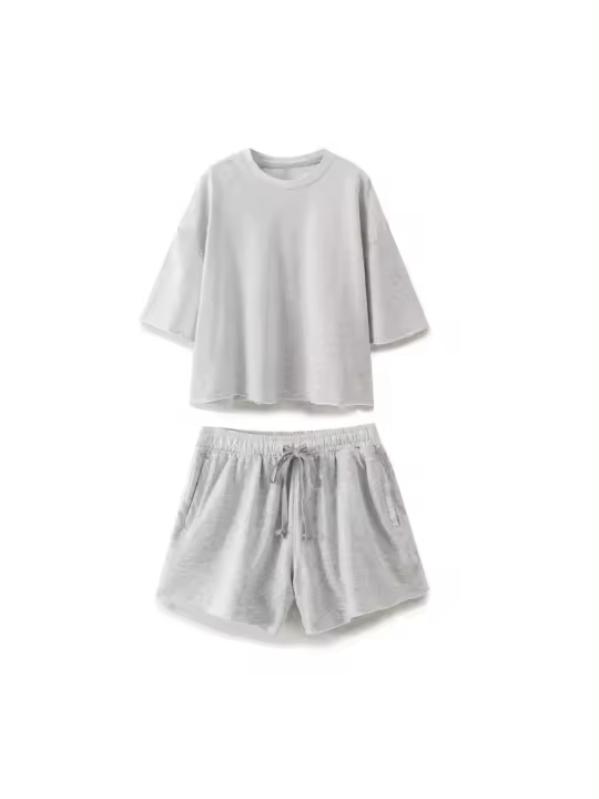 Traje deportivo retro para mujer, pantalones cortos lisos, camiseta de manga corta con cuello redondo, pantalones cortos de encaje, - 1