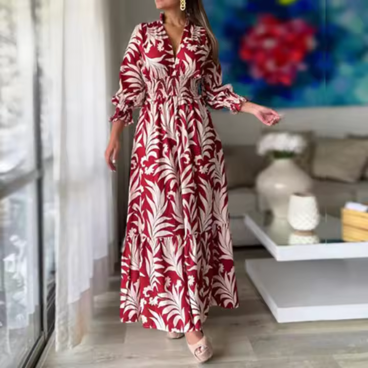 Vestido de manga larga con estampado bohemio para mujer, suéter con cintura de primavera y otoño - 1