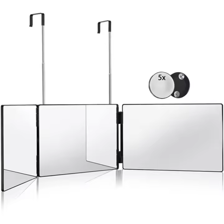 HIEEY 3 vías para cortar, espejo triple 360 ​​con ganchos telescópicos de altura ajustable y espejo de aumento 5X, para maquillaje, cabello - 1