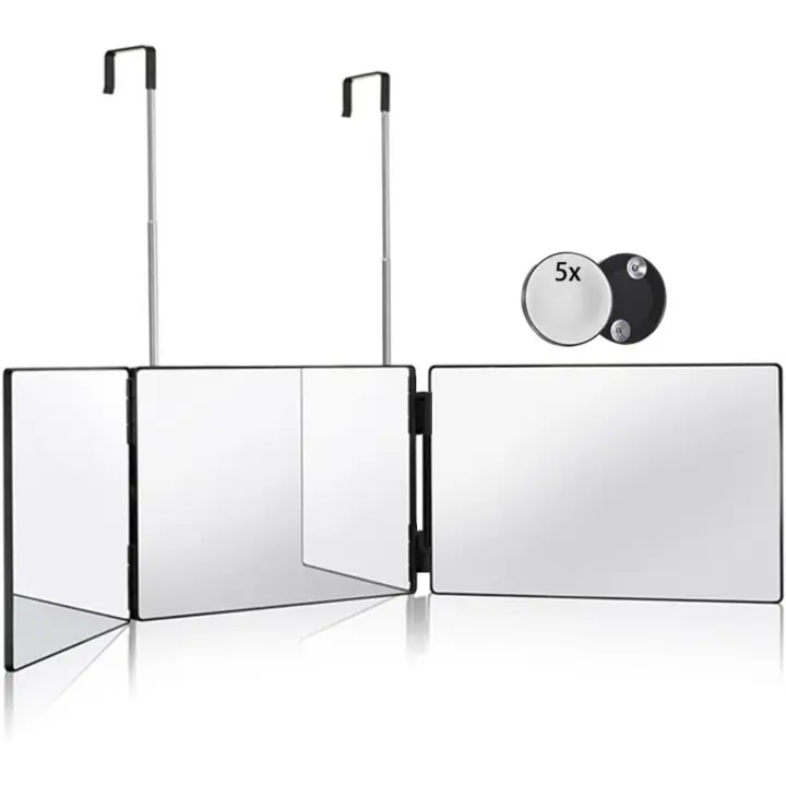 HIEEY 3 vías para cortar, espejo triple 360 ​​con ganchos telescópicos de altura ajustable y espejo de aumento 5X, para maquillaje, cabello - 1