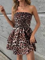 Vestido informal con gradas para mujer, falda de tubo halter sin mangas con estampado de leopardo, estilo festivo, color café - details 5