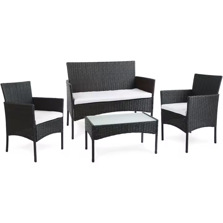 Muebles de jardín de Resina Trenzada Negra - 4 Asientos: 1 sofá, 2 sillones, 1 Mesa de Centro - Cojines Beige con - 1