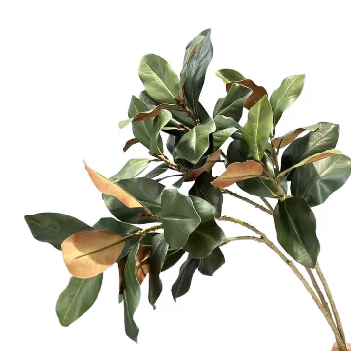 Planta de Magnolia Artificial grande, hojas de goma, rama de árbol de Magnolia simulada hecha a mano, 2 tenedores, plantas artificiales de 110cm - 1