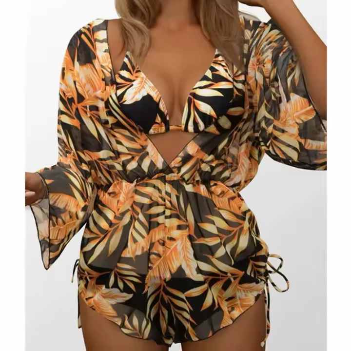Traje de baño de tres piezas con estampado, traje de baño Sexy con cuello en V profundo, mono con cordón, conjunto de Bikini - 1
