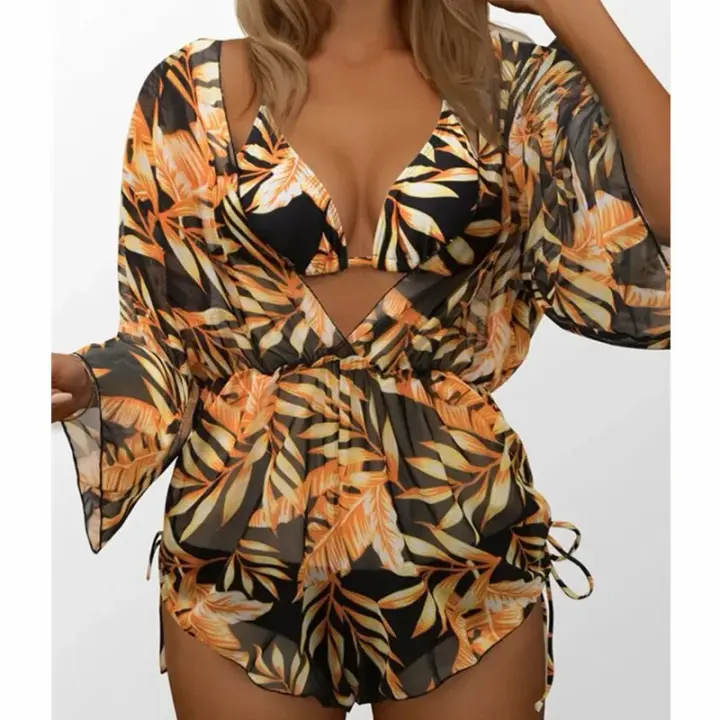 Traje de baño de tres piezas con estampado, traje de baño Sexy con cuello en V profundo, mono con cordón, conjunto de Bikini - 1