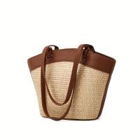 Bolso de Paja Tejido con Cierre Magnético Bolso de Playa para Mujeres, Color Bloqueado, Perfecto para Vacaciones en la Playa/Diversión en el Mar Incluye un Bolso Pequeño - details 0