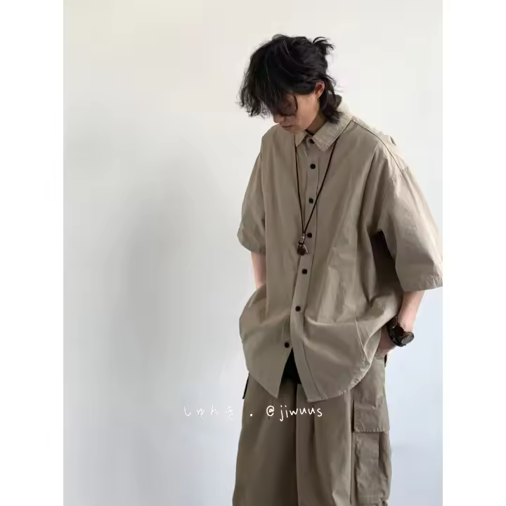 Camisa Retro de Trabajo Japonesa para Hombres Manga Corta, Algodón, Estilo Casual Suelto, Moda de Verano 2025 - 1