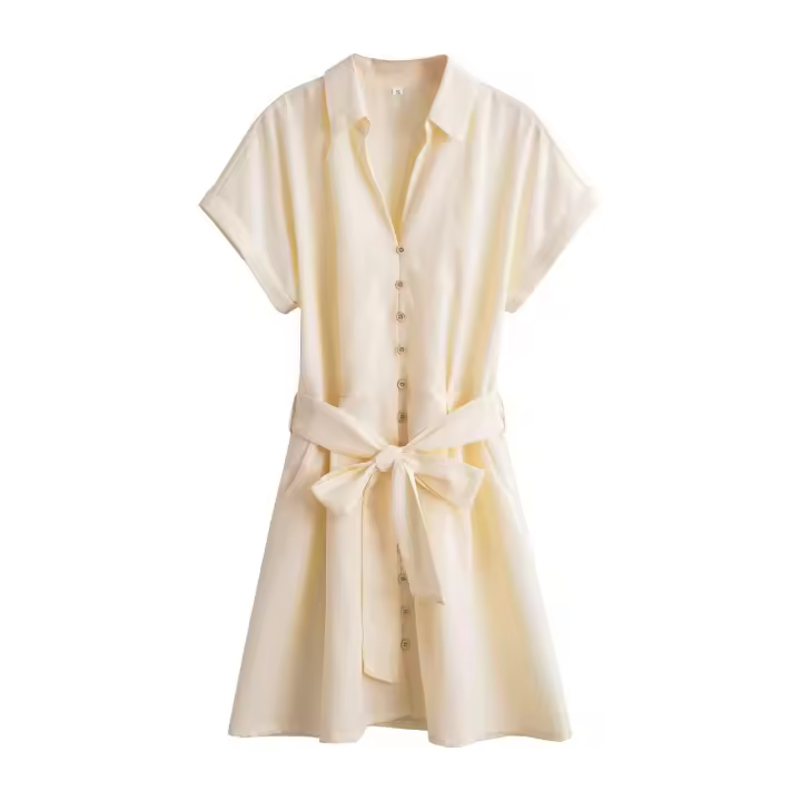 Mini vestido de oficina informal con botón frontal y cinturón, camisa de manga corta con cuello para mujer, verano - 1