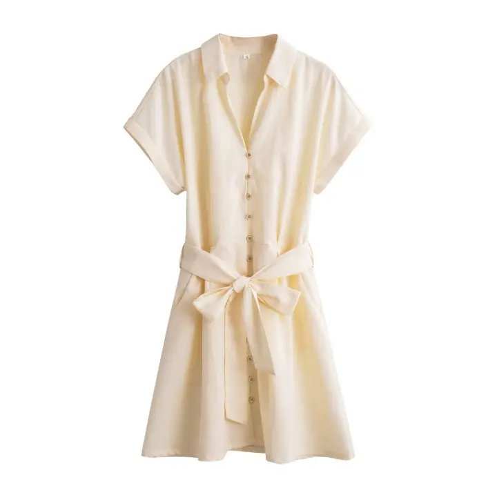 Mini vestido de oficina informal con botón frontal y cinturón, camisa de manga corta con cuello para mujer, verano - 1