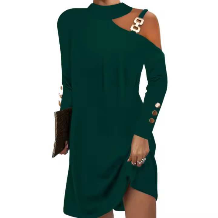 Vestido con botones y cuello con tirantes de otoño para mujer, de un solo hombro, de metal - 1