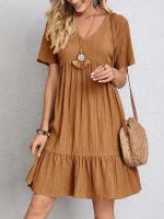 Vestido Sexy con volantes y cuello en V para mujer, vestido veraniego holgado Vintage bohemio informal liso para fiesta en la playa - details 6