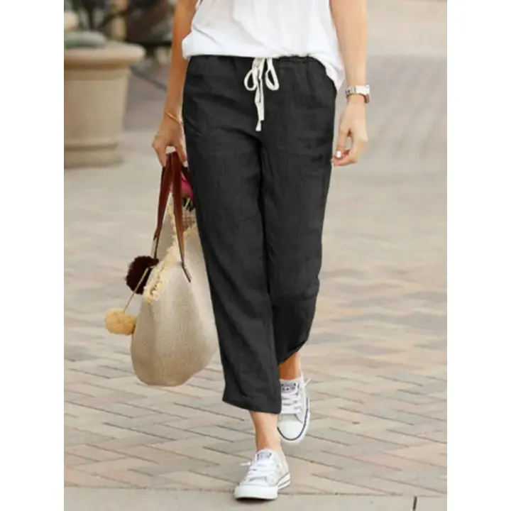 Pantalón elegante liso y sencillo para mujer, Pantalón recto recortado con cordón y cintura elástica, Pantalón informal de oficina para mujer - 1