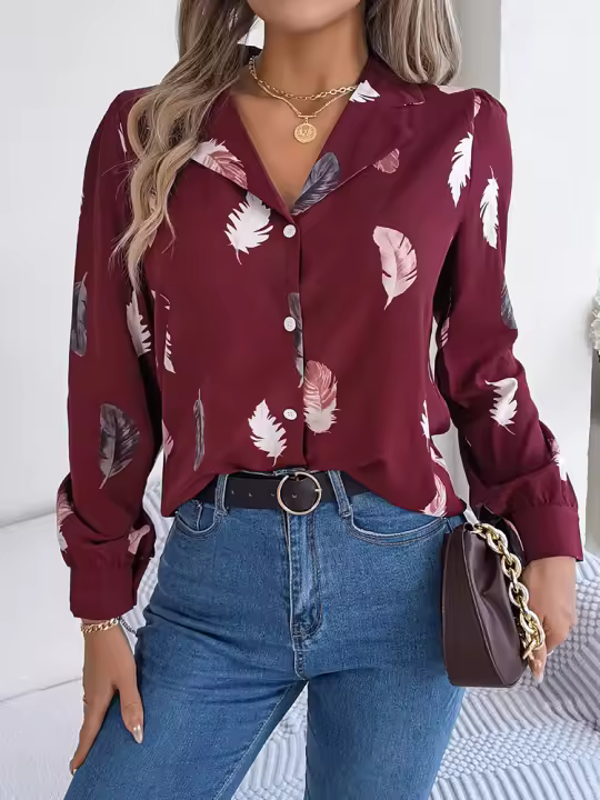 Blusa de Manga Larga con Estampado de Plumas para Mujer Camisa Blanca de Moda - 1