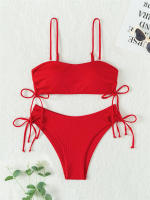 Bikini negro liso para mujer, traje de baño de dos piezas con Tanga de cintura alta y ribetes, 2024 - details 22