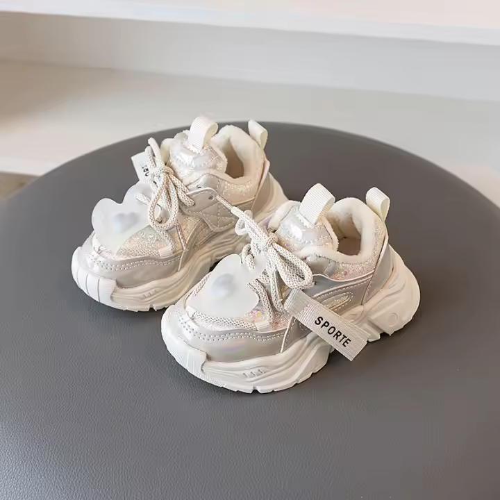 Otoño e invierno nuevas zapatillas cálidas con superficie de cuero para niñas tranquilidad para niñas suela suave antideslizante zapatos para papá para niños corriendo - 1