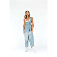 Moda desgastada suelta de pierna ancha cómoda correa casual Denim Overalls para mujer - details 16