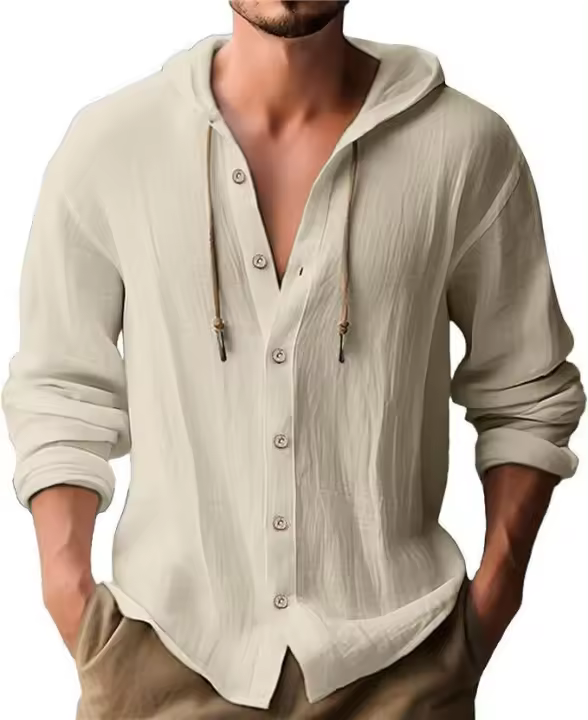Nueva camiseta con capucha de lino para hombre, informal, de manga larga, para primavera/verano - 1