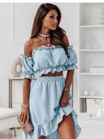 of Vestido liso con volantes para mujer, conjunto de 2 piezas con cuello inclinado, informal, elegante, para fiesta navideña, novedad de verano - details 5
