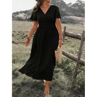 Vestido largo de verano 2024 de color sólido con cuello en V, manga acampanada, cintura elástica, adelgazante y con abertura. - details 11