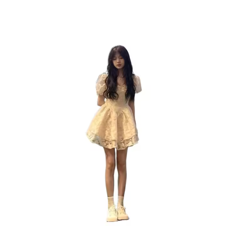 Vestido de princesa con mangas de burbuja, estilo elegante, de gama alta, con cintura francesa, viento suave, esponjoso, de verano para mujer - 1