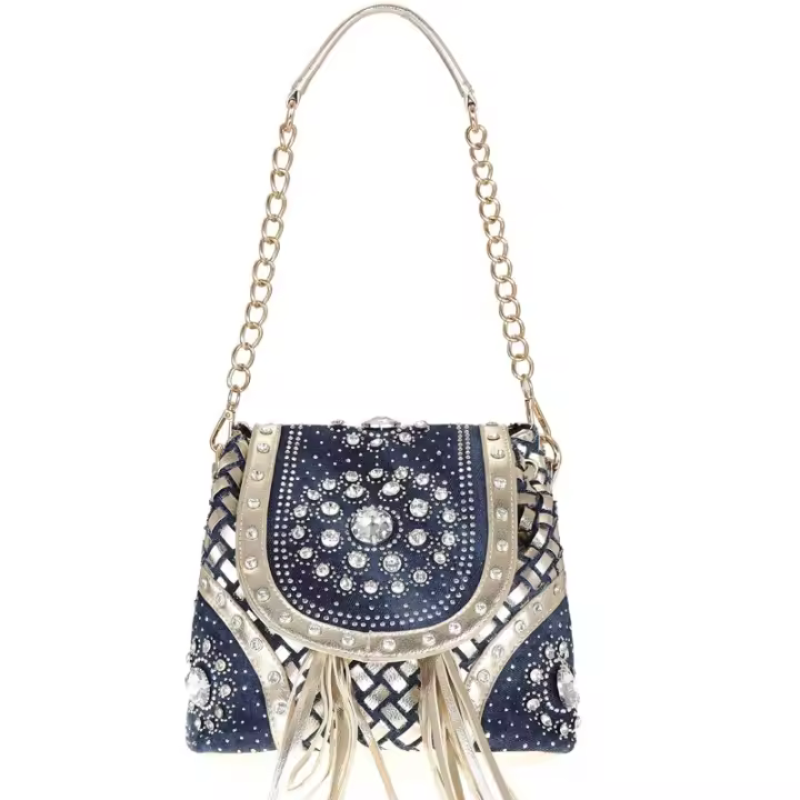 Nuevos Bolsos Bolsos de mujer Nuevos bolsos de mezclilla de moda Mochilas de lona Correas tejidas Bolsos de diamantes Bolsos portátiles con flecos de hombro - 1