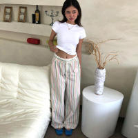 BUNO-Pantalones de encaje a rayas para mujer, Pantalones rectos de pierna ancha con cintura elástica y cordón, ropa de calle holgada para primavera y verano, pantalones de chándal informales - details 71