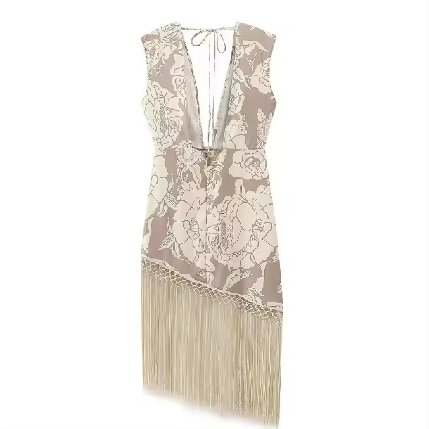 Vestido de verano sin mangas para mujer, traje Sexy con escote en V, estampado Irregular, borlas, Espalda descubierta, ajustado - 1