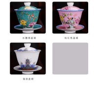 Juego de té de kung fu de cerámica chapado en oro pintado a mano con flores pintadas en polvo Dehua, cuenco de tres piezas, cuenco cubierto de esmalte - details 4