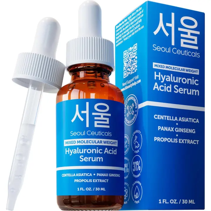 SeoulCeuticals Coreano para rostro Ácido hialurónico de alto y bajo peso molecular - Suero Centella + Propóleo. 1 onza - 1