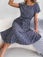 Spring Summer Women Short Sleeve Pleated Long Dress Elegant High Waist Floral Fashion A-line Dress - details 18