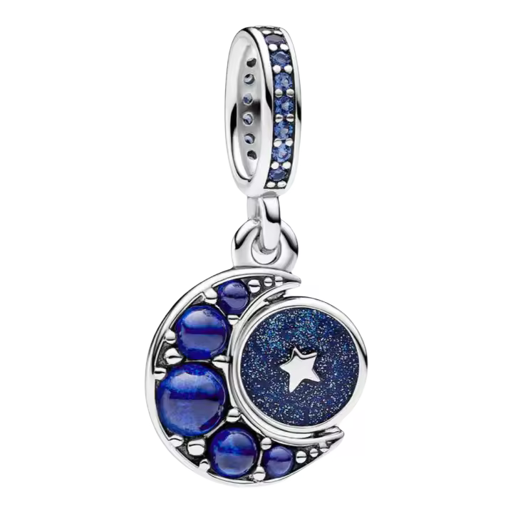 Colgante con dije en plata de ley con forma de luna brillante giratoria, incluye Ca Original - 1