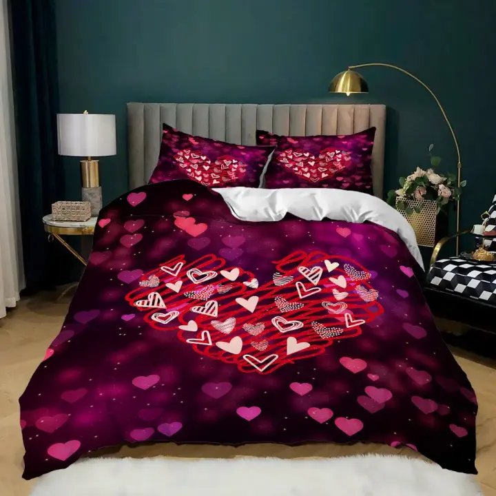Juego de Ropa de Cama de Poliéster Diseño de Corazón Rojo en Funda de Edredón y Funda de Almohada - 1