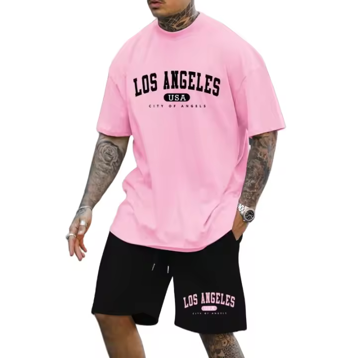 Conjunto de camiseta casual de manga corta con estampado de letras de verano para hombre y pantalones cortos con cintura ajustable con cordón - 1