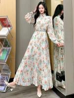 2024 nueva primavera otoño mujeres cuello con volantes manga cinturón ajustado largo dulce plisado dobladillo grande vestido de gasa ral - details 4
