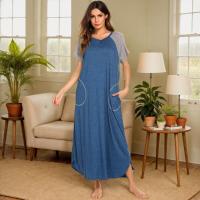 Camisón de algodón elástico de manga corta y largo con bloques de color y bolsillo para mujer, ropa de estar y pijama para primavera/verano - details 12