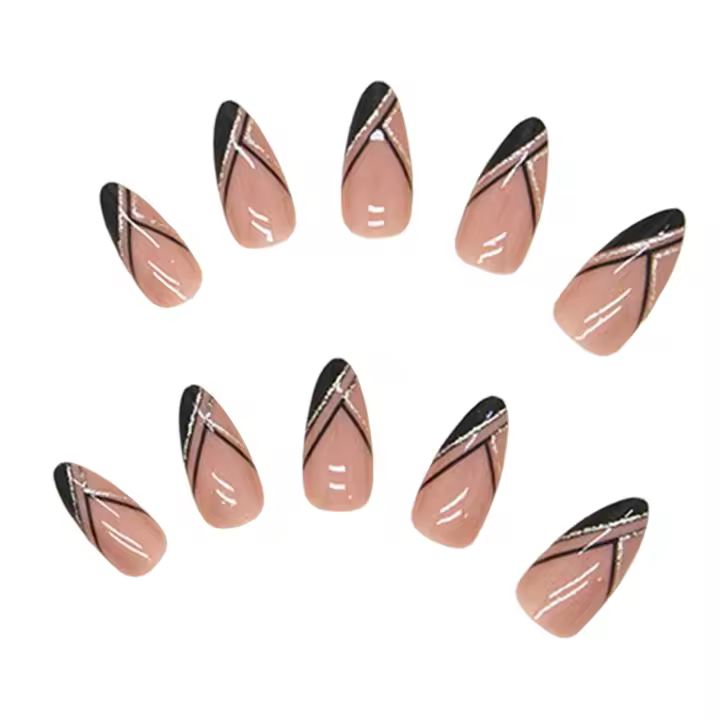 Uñas postizas de línea diagonal negra, diseño de moda único, piezas para estudiantes, decoración diaria de uñas - 1
