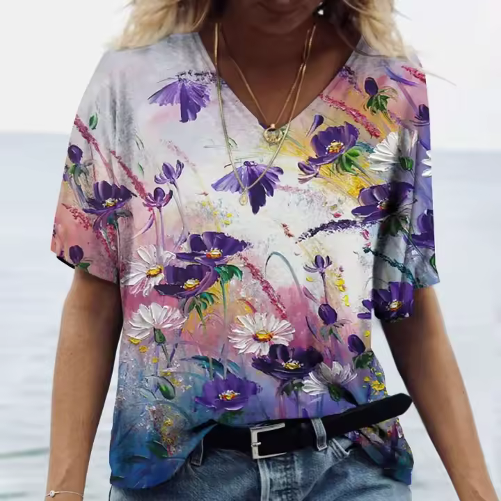 Camisetas con cuello en V para mujer, Tops con estampado artístico 3d, camisetas holgadas de manga corta, ropa de calle de verano, ropa informal de gran tamaño para mujer - 1