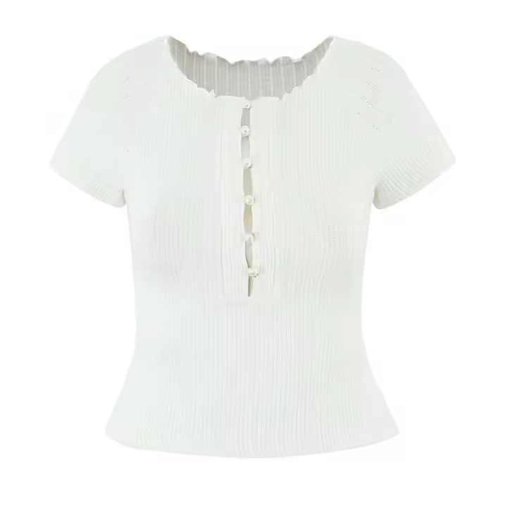 Suéter de Manga Corta con Botones de Perlas Moda Femenina Ouwu Jersey de Punto con Tejido de Fósforo - 1