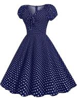 Vestido midi de fiesta informal con cuello en V y manga corta abombada de verano con estampado de puntos vintage elegante para mujer - details 6