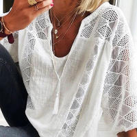 Blusa de Lino y Algodón para Mujer Cuello en V, Manga 3/4, Blusa Holgada Informal, Moda Diaria - details 7
