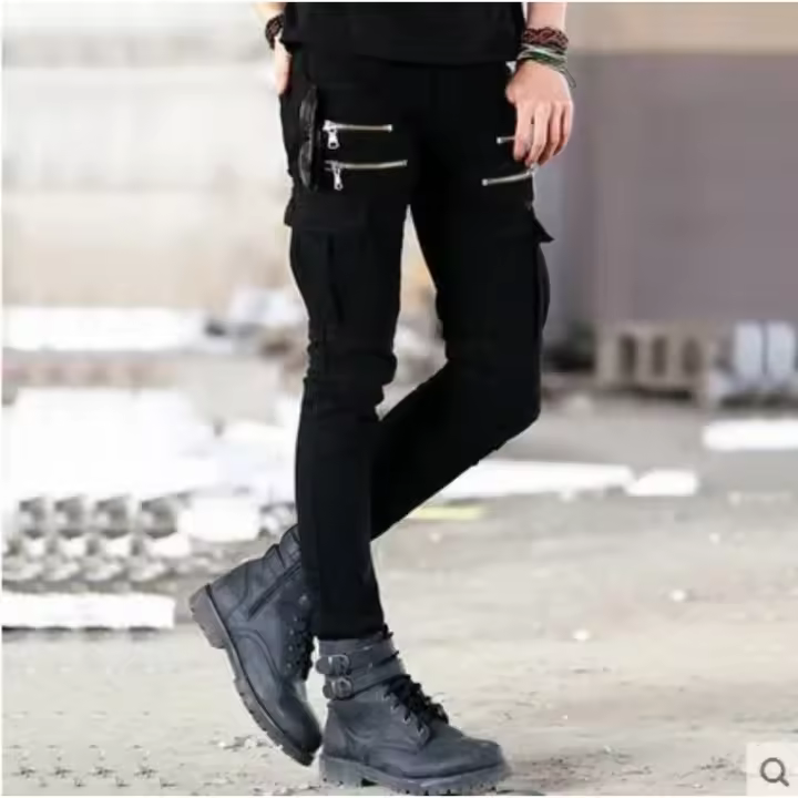 Pantalones vaqueros azules para hombre estilo motociclista pantalones desgastados carga militar moda - 1